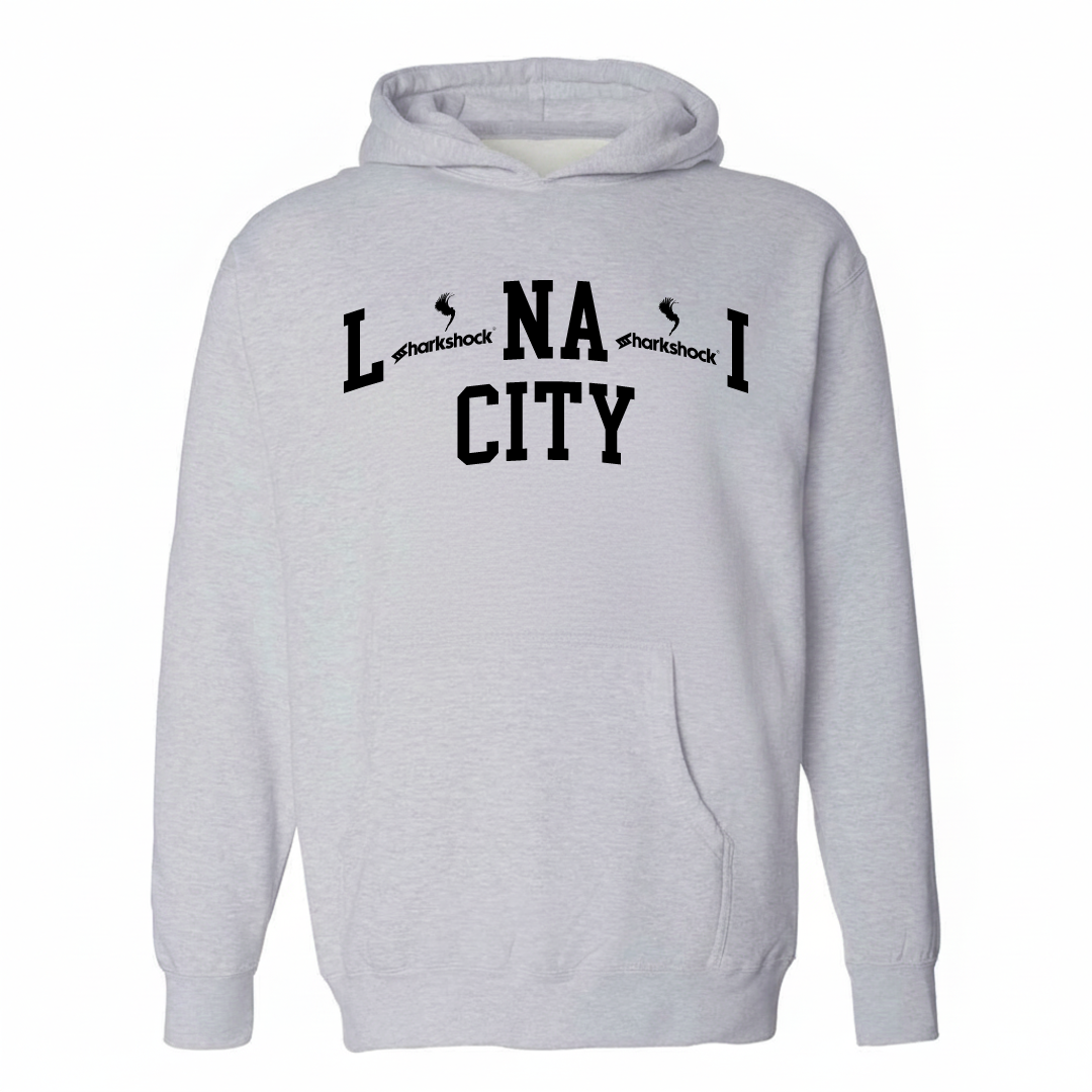 Heather-gray hoodie with the Lānaʻi City varsity arched lettering design on the chest.