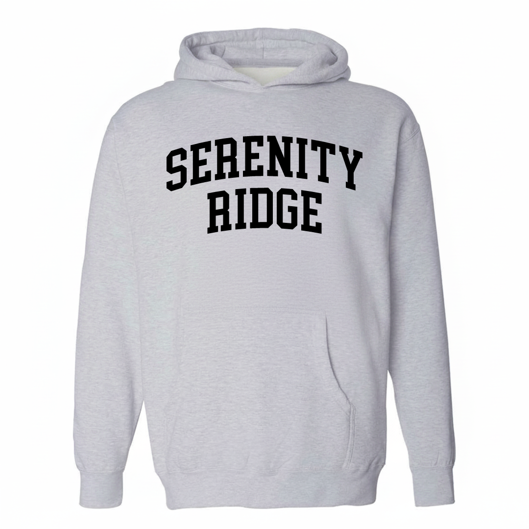 Heather-gray hoodie with the Serenity Ridge arched varsity lettering design on the chest.