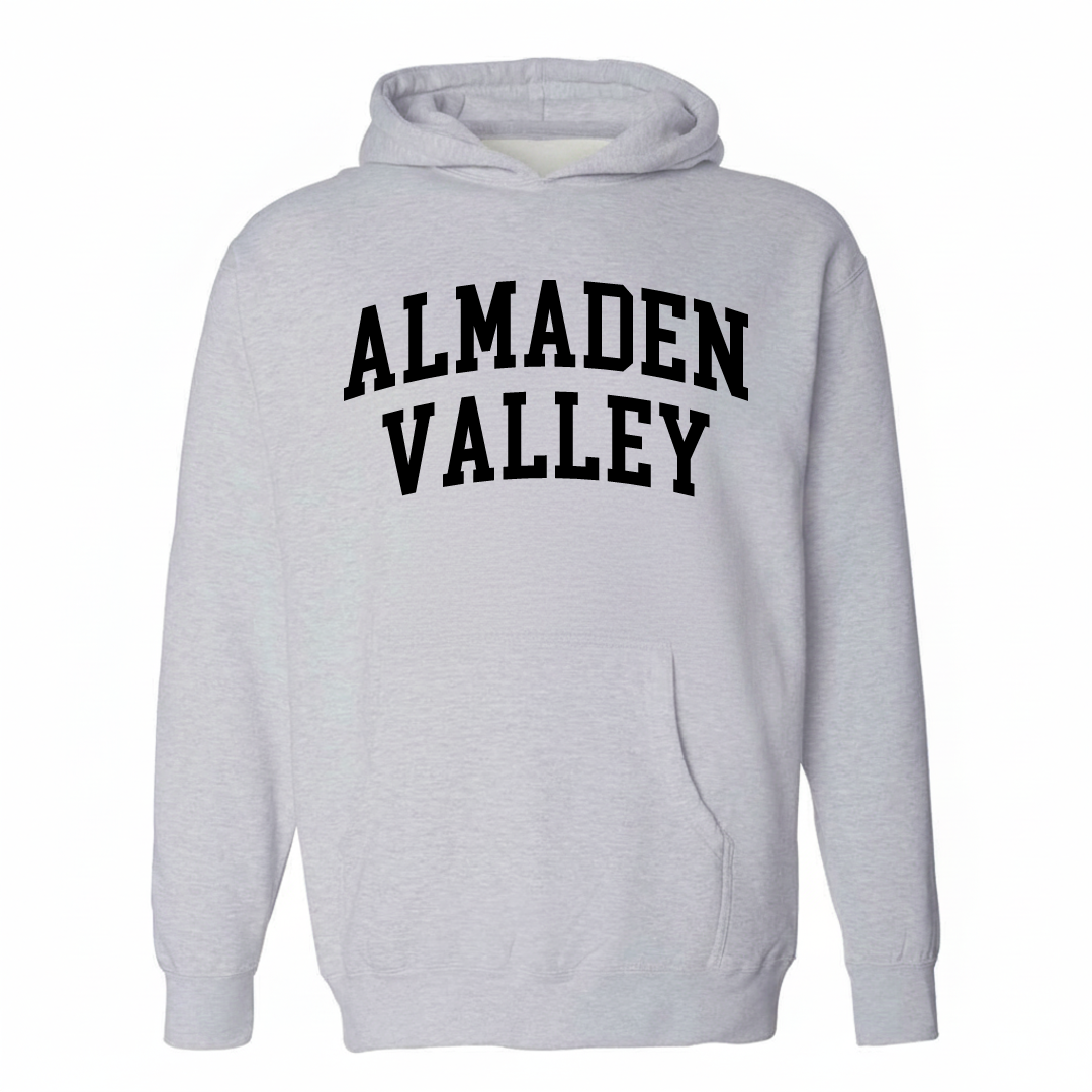 Heather-gray hoodie with the Almaden Valley varsity arched lettering design on the chest.