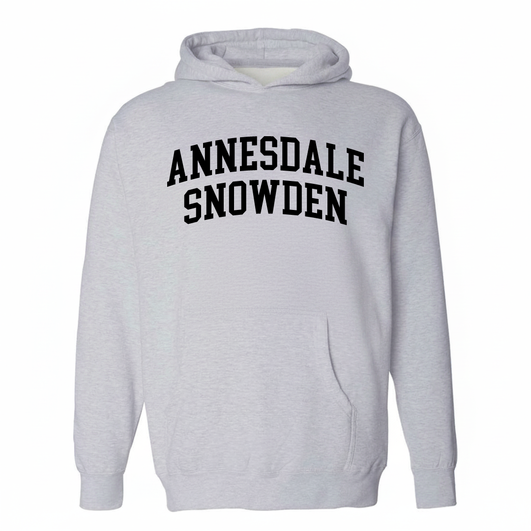 Heather-gray hoodie with the Annesdale-Snowden arched varsity lettering design on the chest.