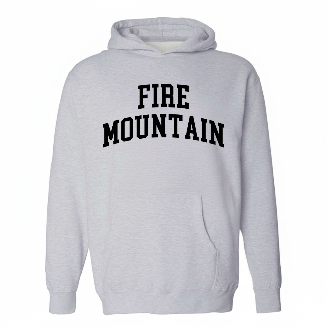 Heather-gray hoodie with the Fire Mountain varsity arched lettering design on the chest.