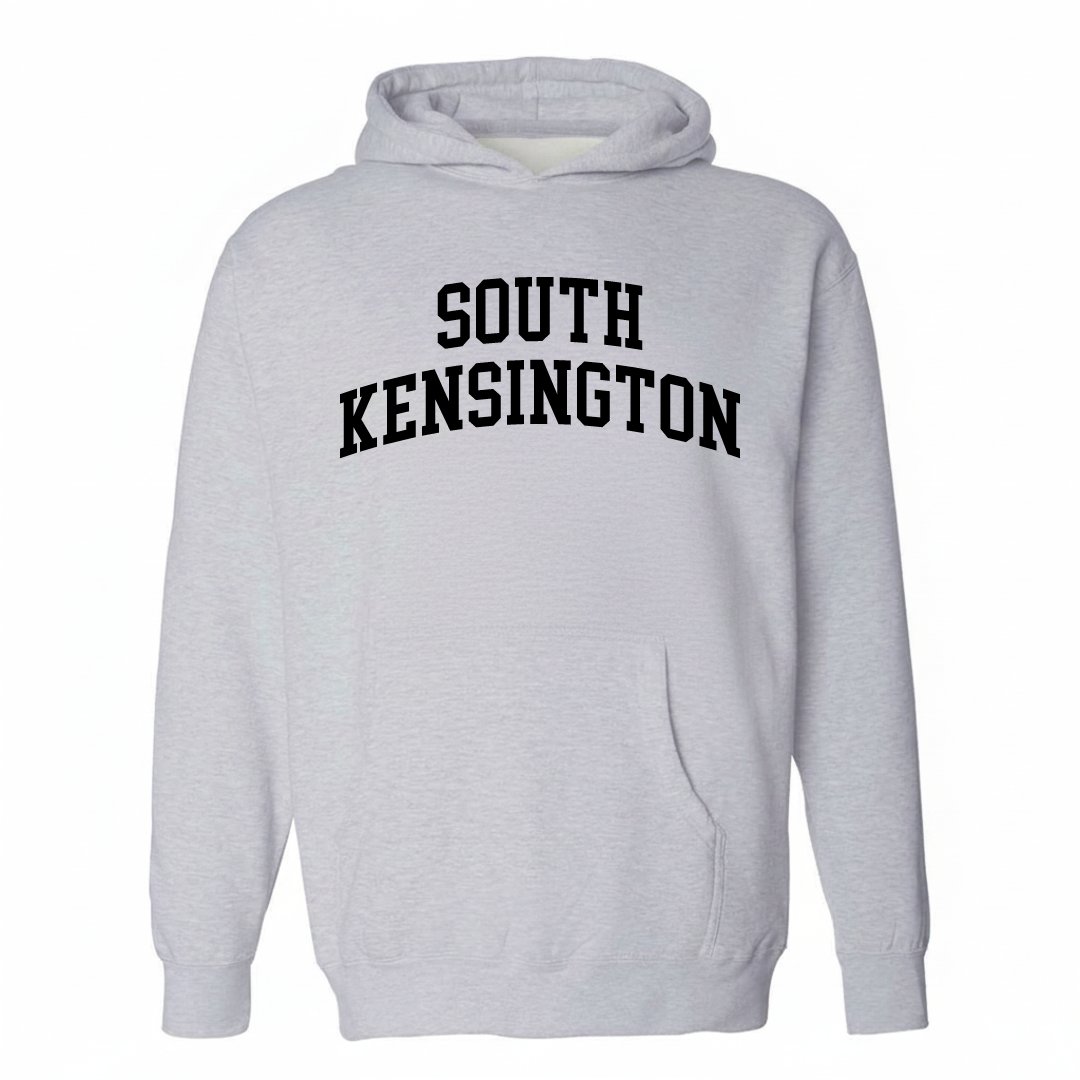 Heather-gray hoodie with the South Kensington arched lettering varsity-collegiate design on the chest.