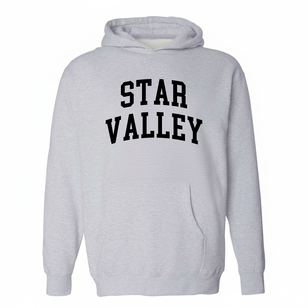 Heather-gray hoodie with the Star Valley varsity arched lettering design on the chest.