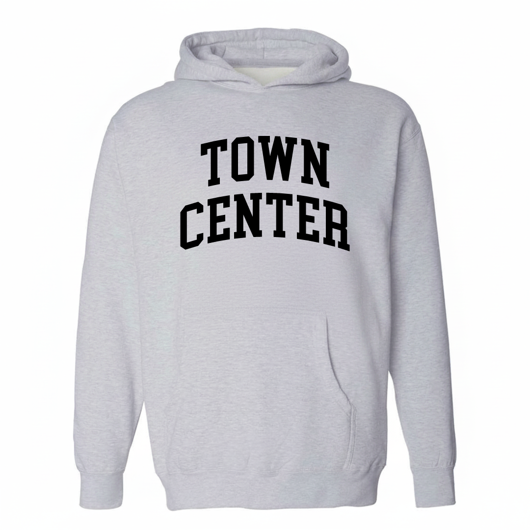 Heather-gray hoodie with the Town Center Columbia MD varsity arched lettering design on the chest.