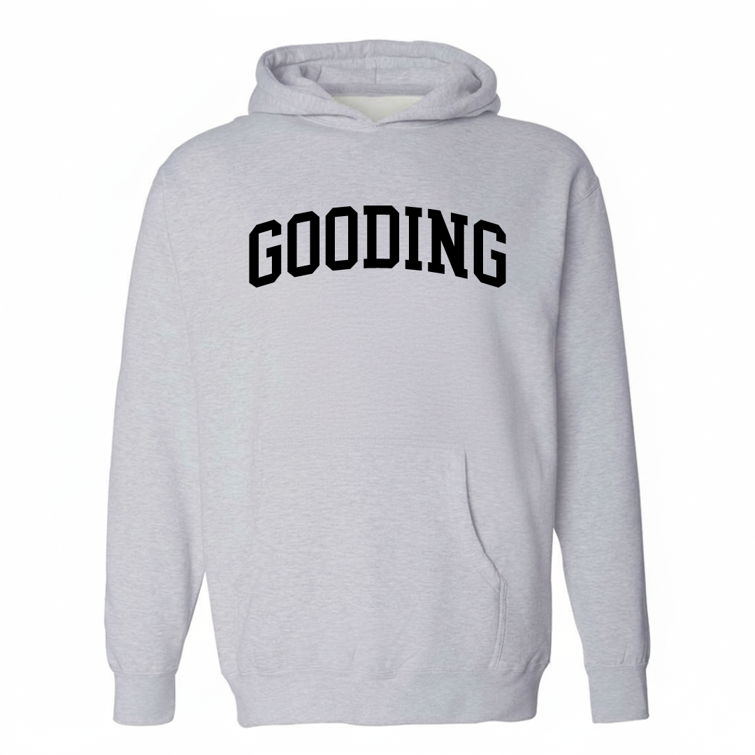 Heather-gray hoodie with the Gooding varsity arched lettering design on the chest.