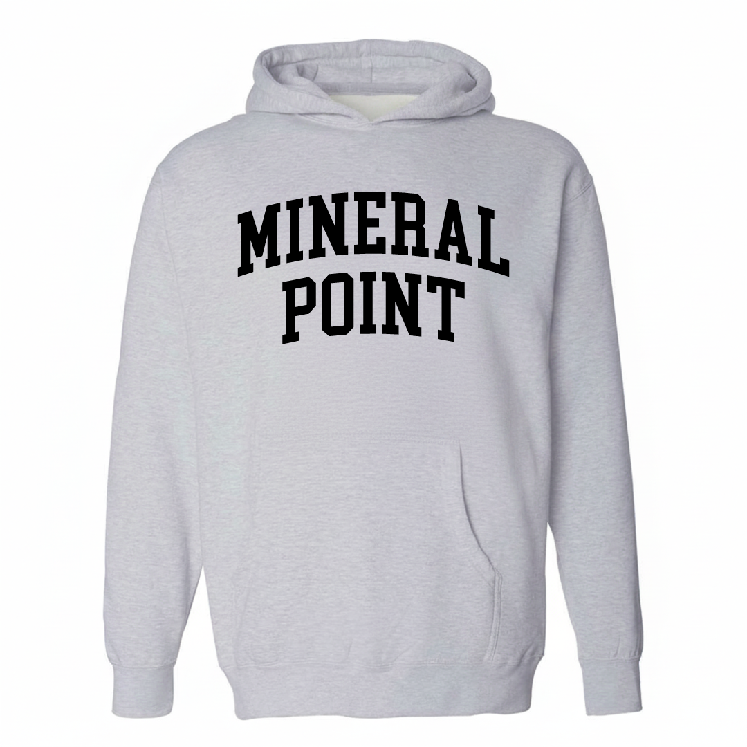 Heather-gray hoodie with the Mineral Point varsity arched lettering design on the chest.