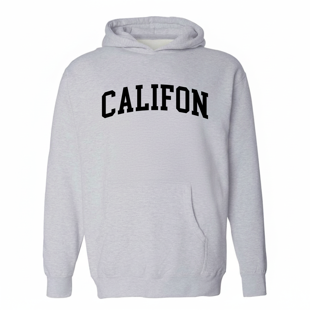 Heather-gray hoodie with the Califon varsity arched lettering design on the chest.