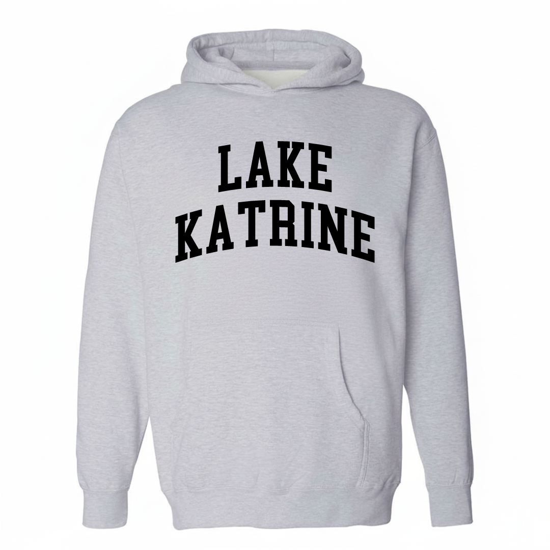Heather-gray hoodie with the Lake Katrine varsity arched lettering design on the chest.