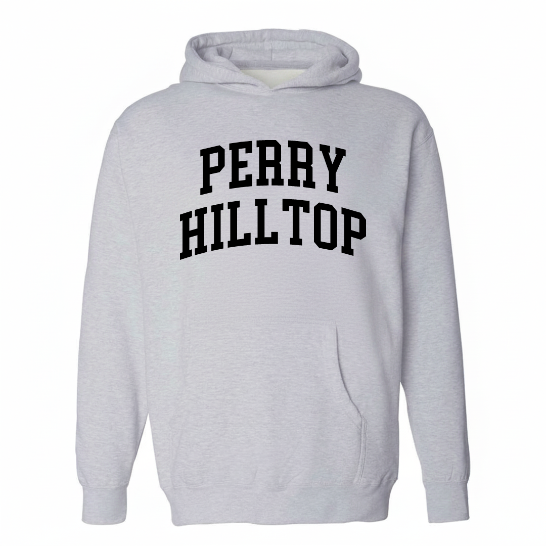 Heather-gray hoodie with the Perry Hilltop varsity arched lettering design on the chest.