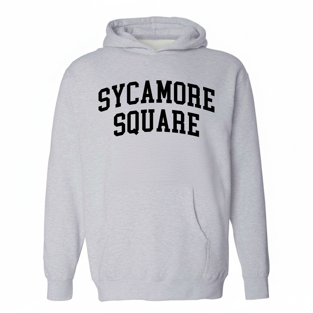 Heather-gray hoodie with the Sycamore Square arched lettering design on the chest.