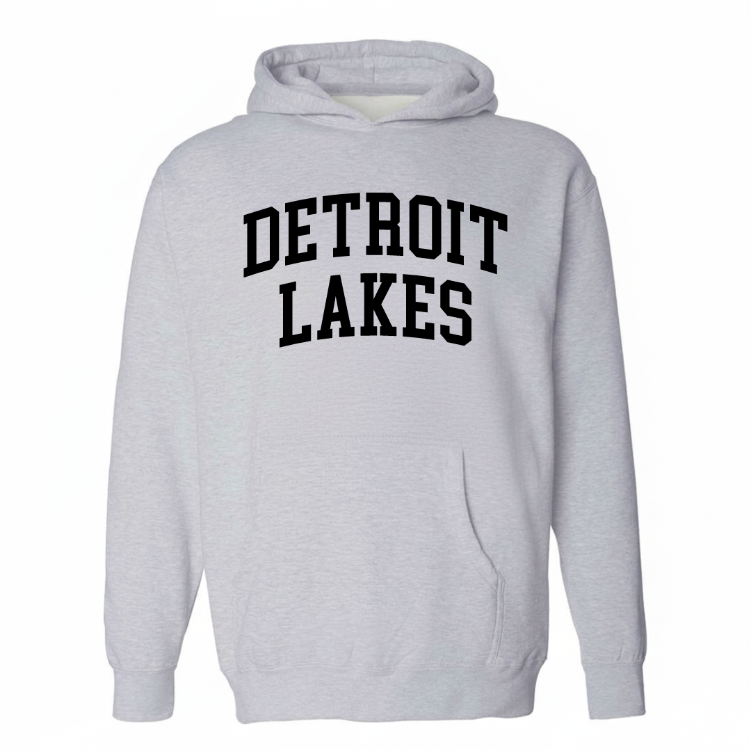 Heather-gray hoodie with the Detroit Lakes varsity arched lettering design on the chest.