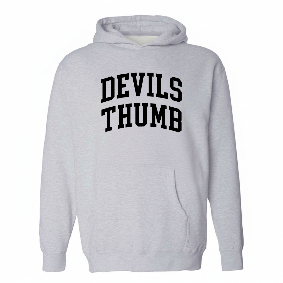 Heather-gray hoodie with the Devils Thumb arched lettering design on the chest.