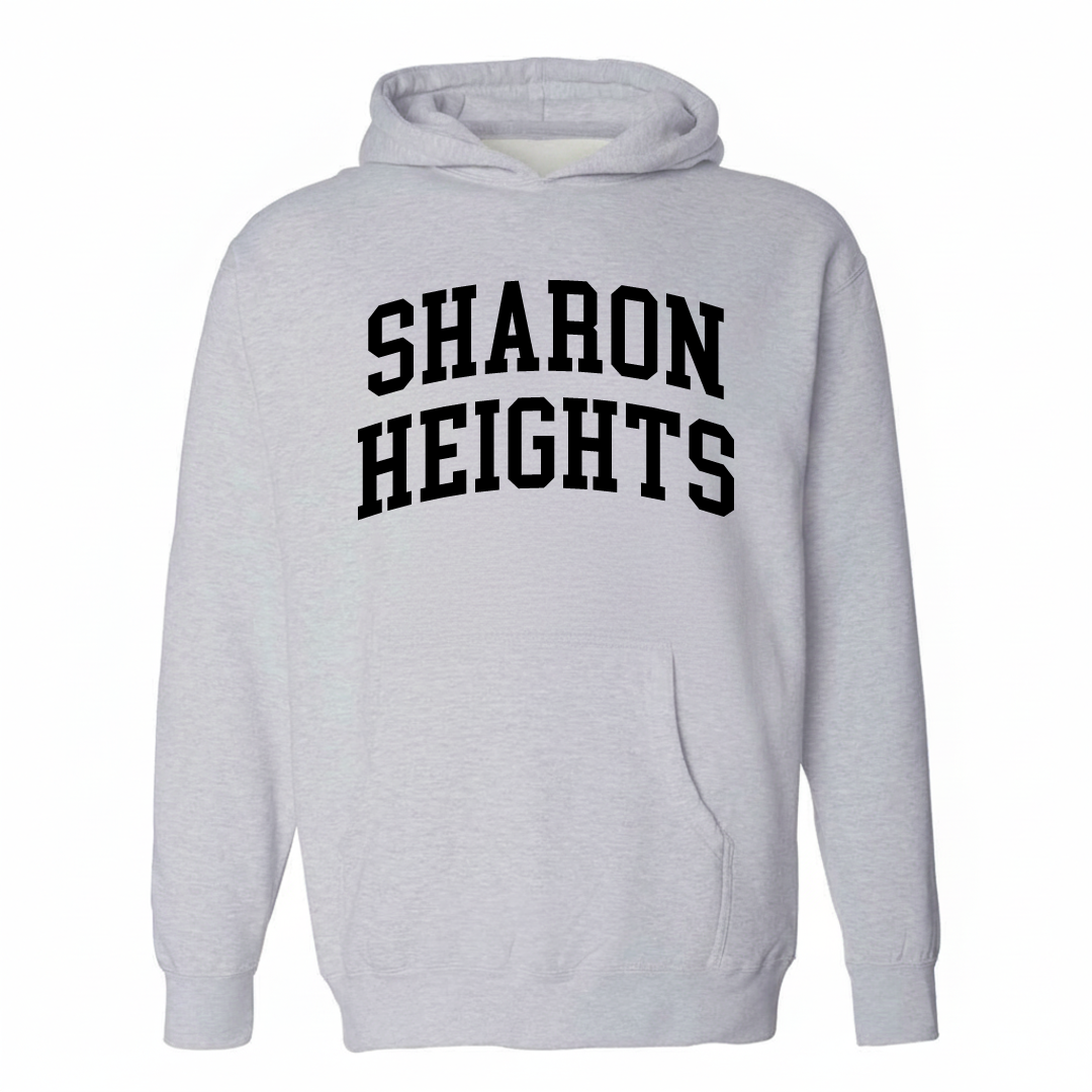 Heather-gray hoodie with the Sharon Heights varsity arched lettering design on the chest.