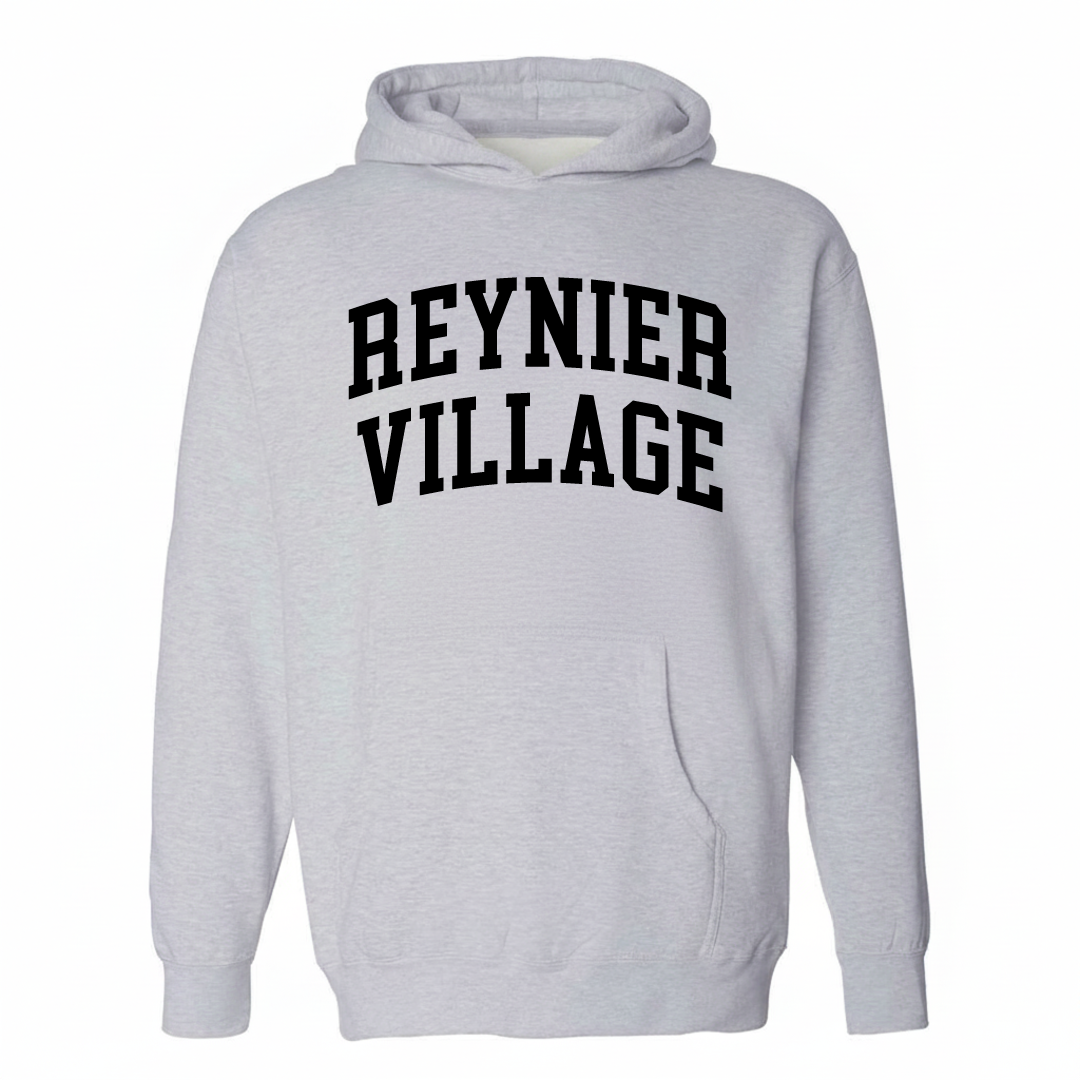 Heather-gray hoodie with the Reynier Village varsity arched lettering design on the chest.