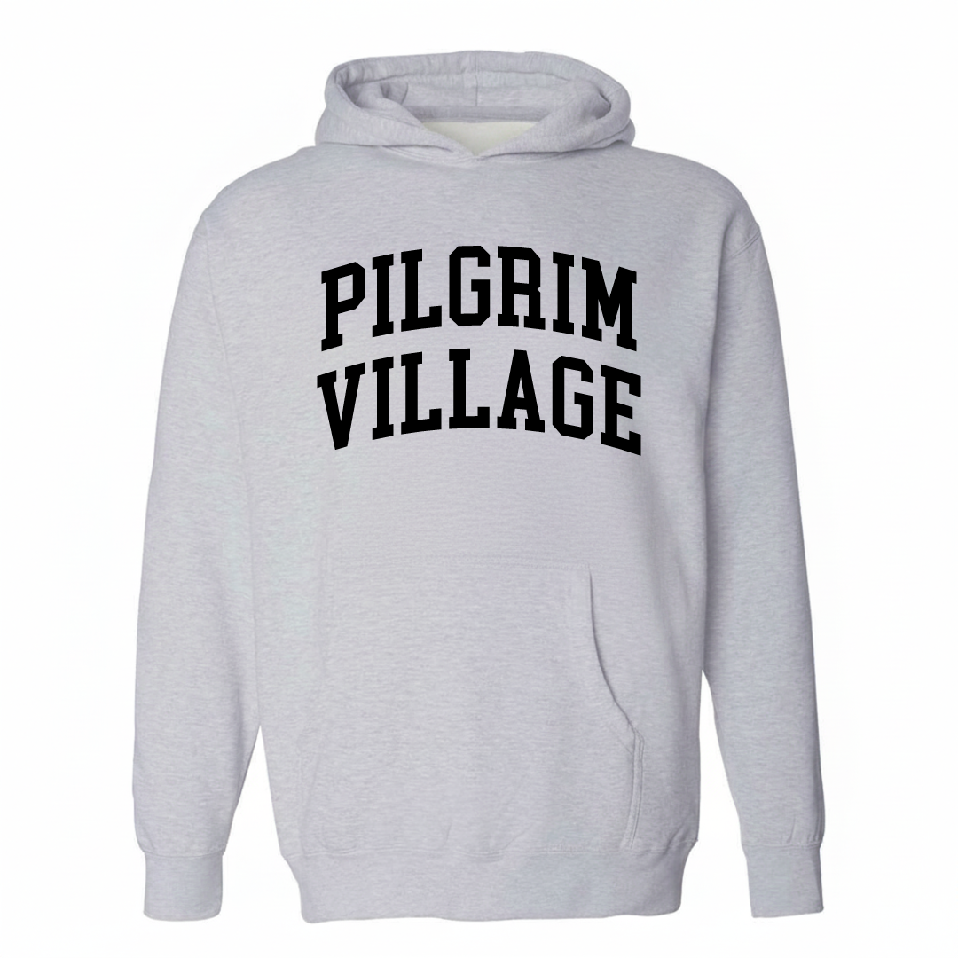 Heather-gray hoodie with the Pilgrim Village varsity arched lettering design on the chest.