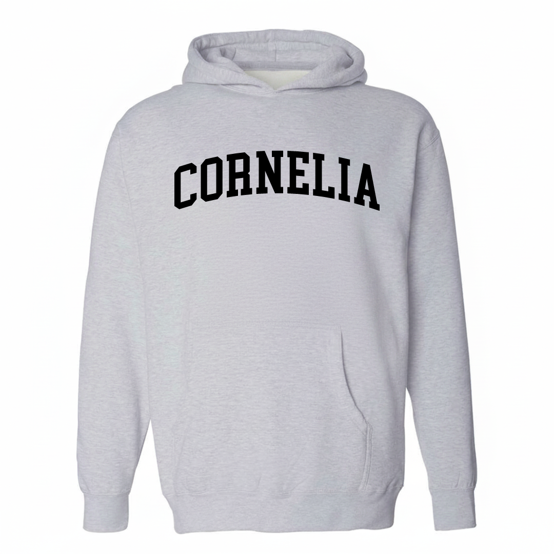 Heather-gray hoodie with the Cornelia varsity arched lettering design on the chest.