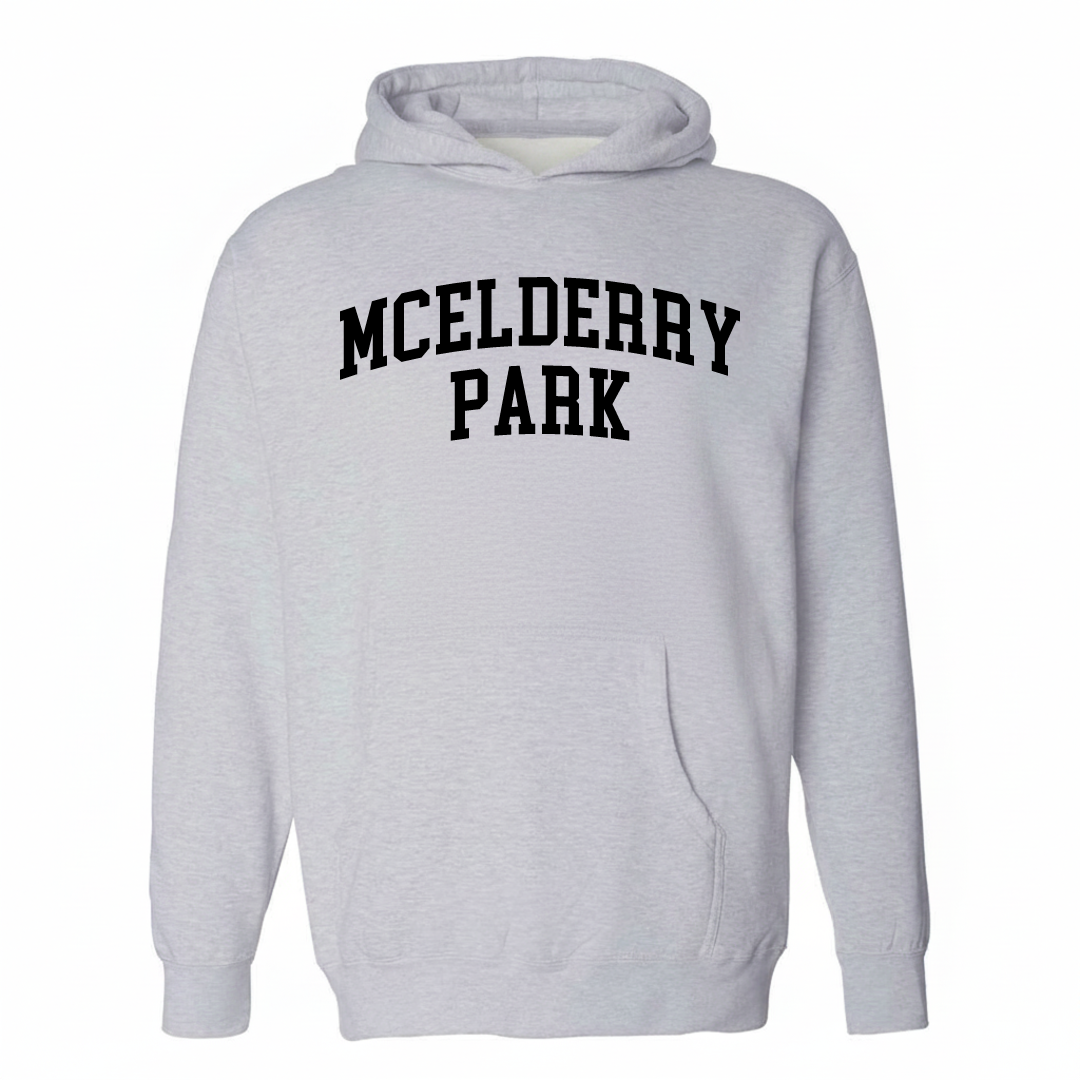 Heather-gray hoodie with the McElderry Park varsity arched lettering design on the chest.