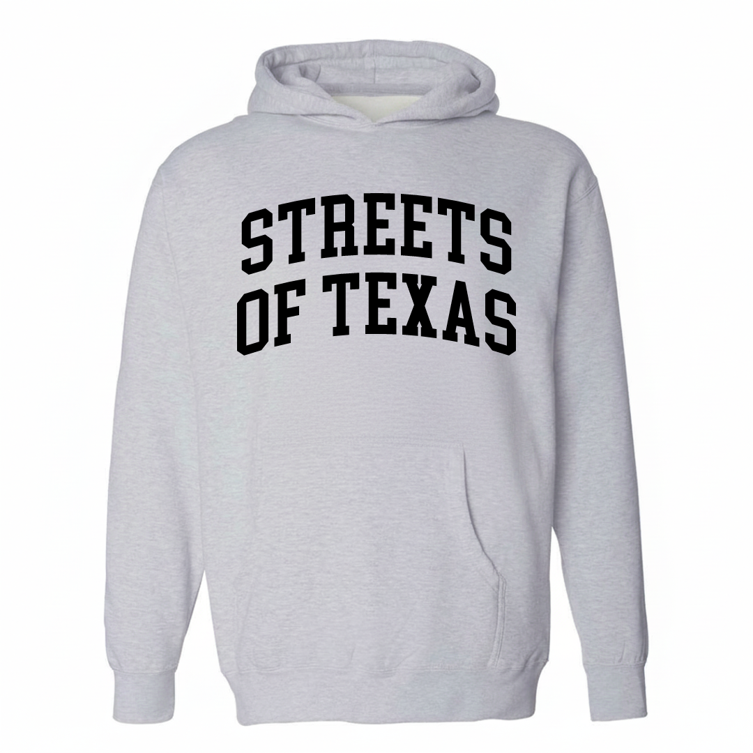 Heather-gray hoodie with the Streets of Texas varsity arched lettering design on the chest.