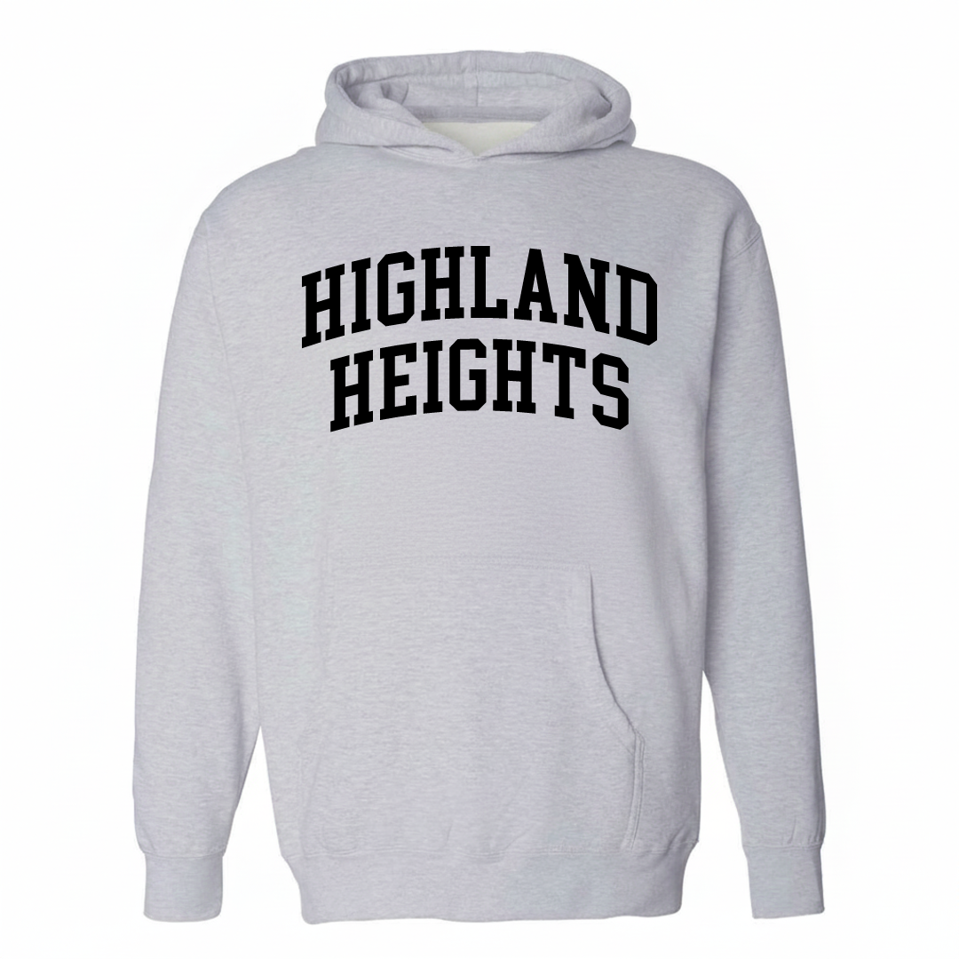 Heather-gray hoodie with the Highland Heights varsity arched lettering design on the chest.