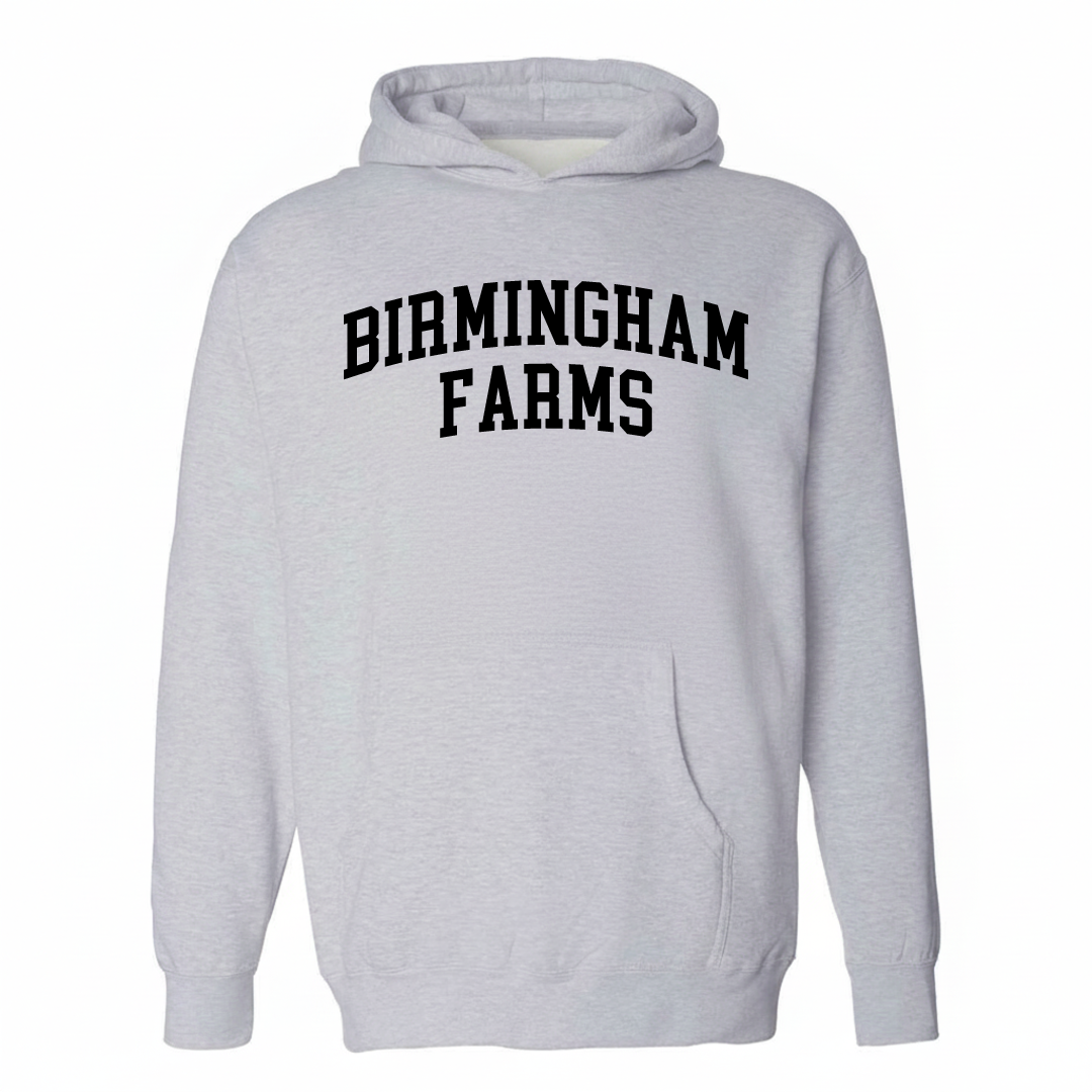Heather-gray hoodie with the Birmingham Farms varsity arched lettering design on the chest.