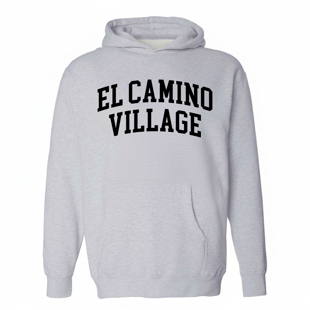 Heather-gray hoodie with El Camino Village varsity arched lettering design on the chest.