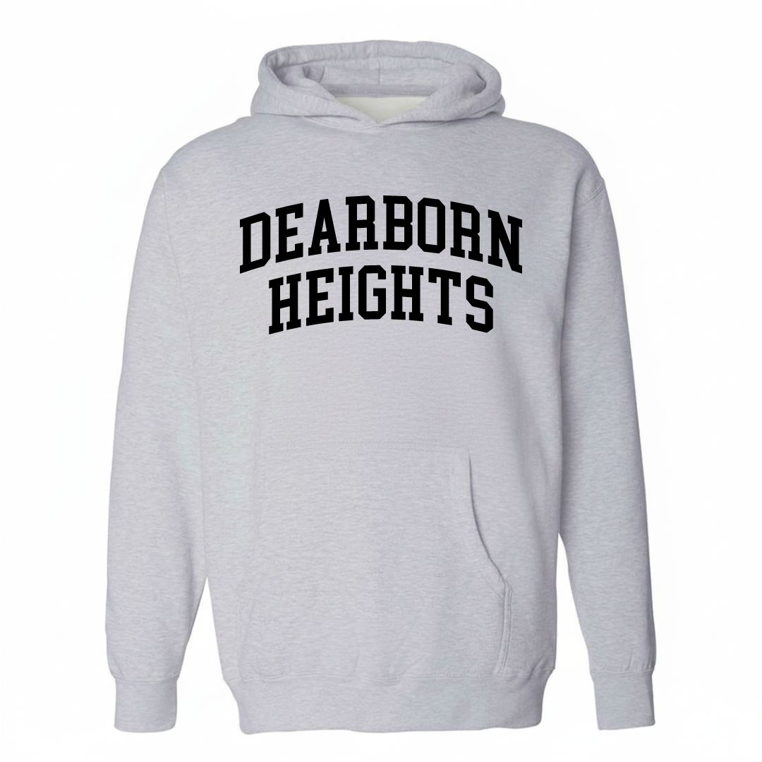 Heather-gray hoodie with the Dearborn Heights varsity arched lettering design on the chest.