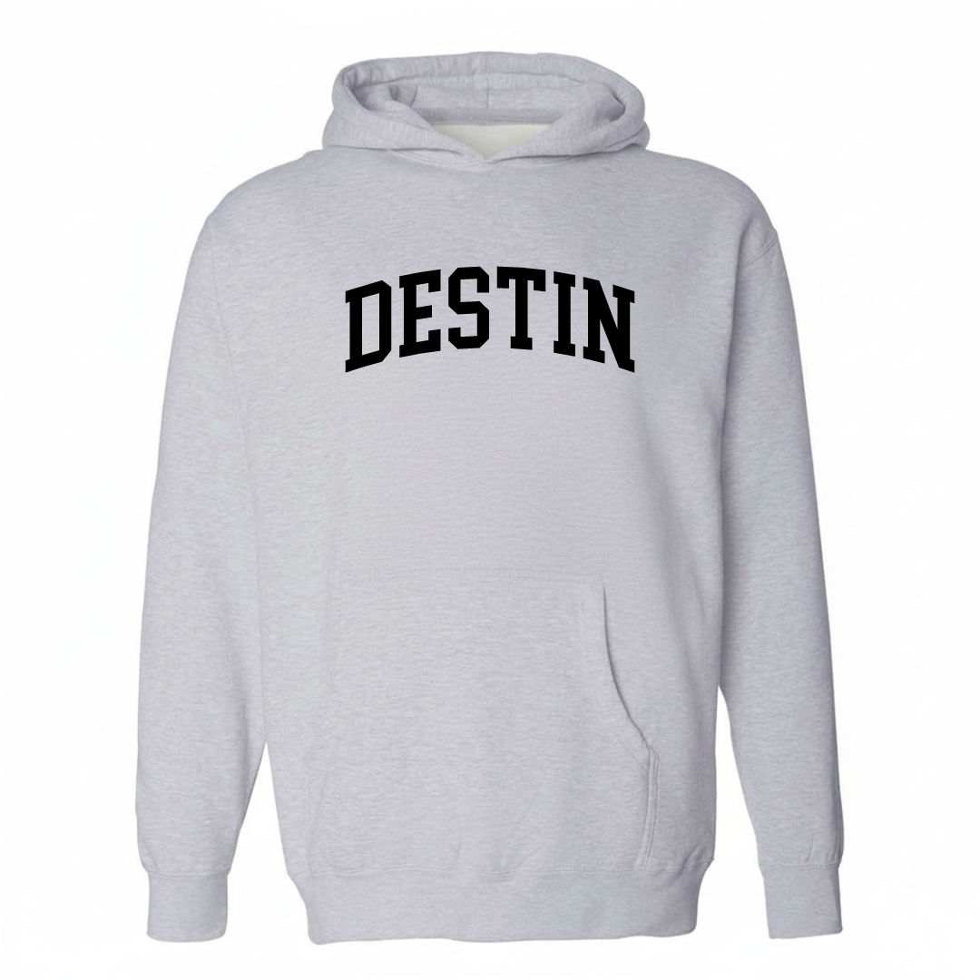 Heather-gray hoodie with the Destin arched lettering varsity-collegiate design on the chest.