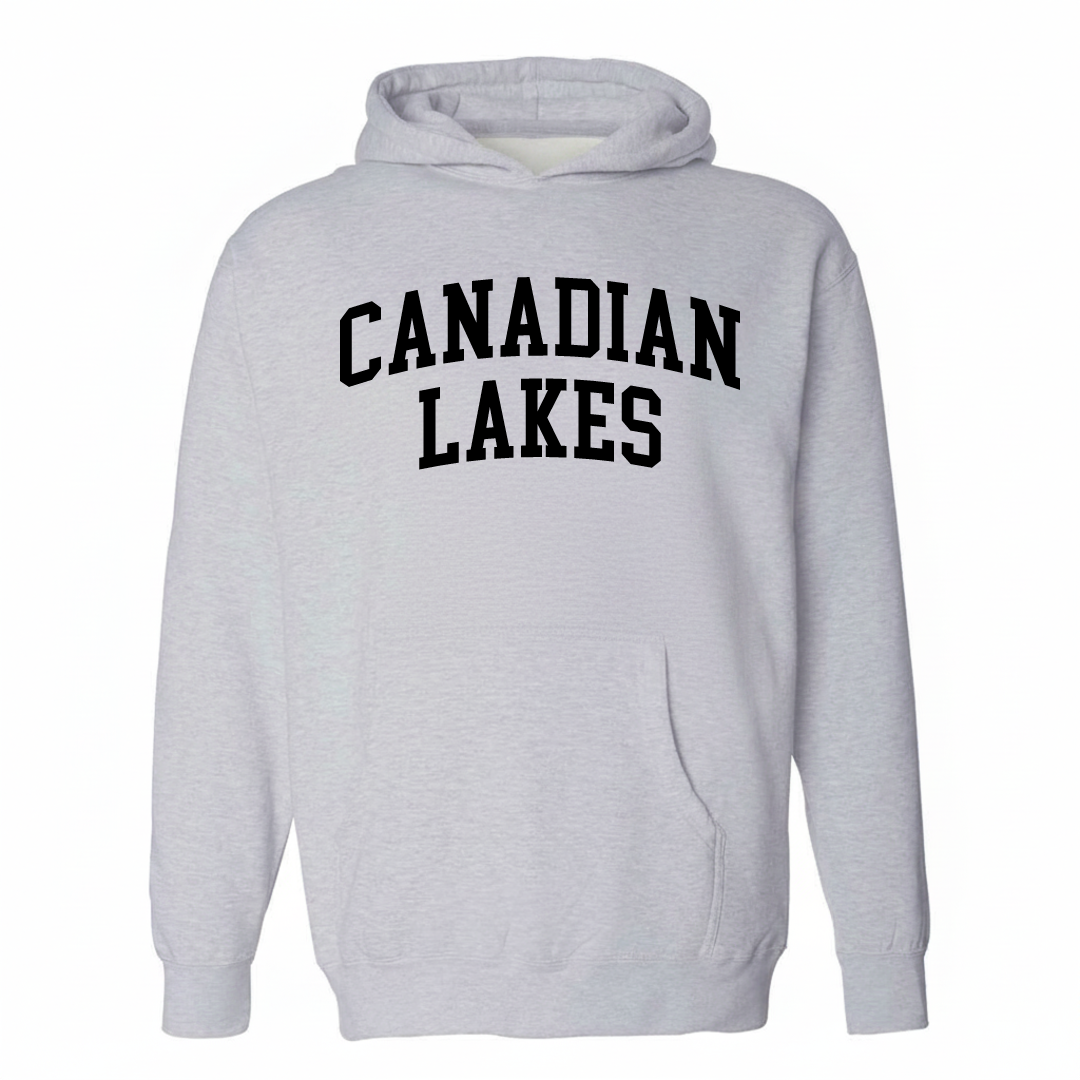 Heather-gray hoodie with the Canadian Lakes arched lettering design on the chest.