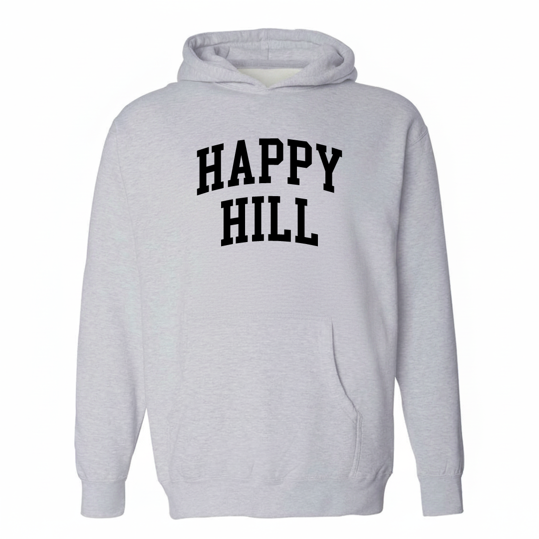 Heather-gray hoodie with the Happy Hill arched lettering design on the chest.