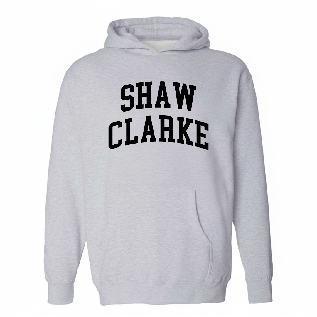 Heather-gray hoodie with the Shaw Clarke arched lettering varsity-collegiate design on the chest.