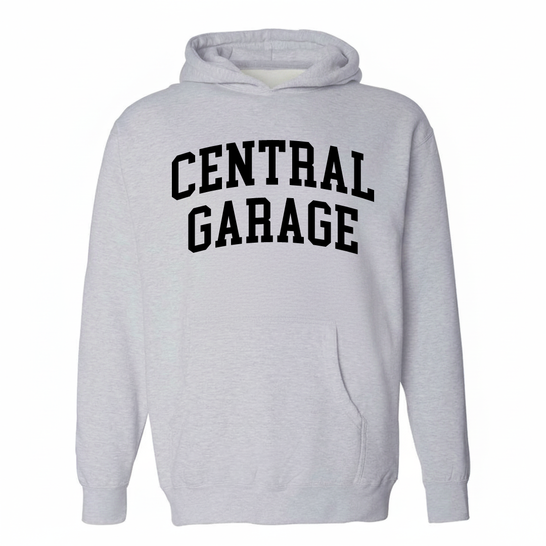 Heather-gray hoodie with the Central Garage varsity arched lettering design on the chest.