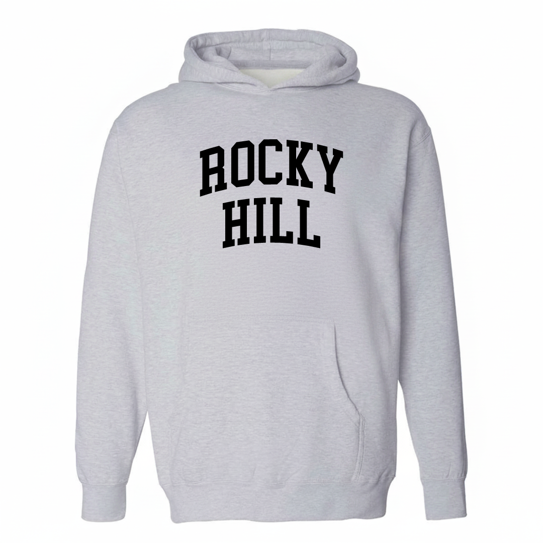 Heather-gray hoodie with the Rocky Hill arched varsity lettering design on the chest.