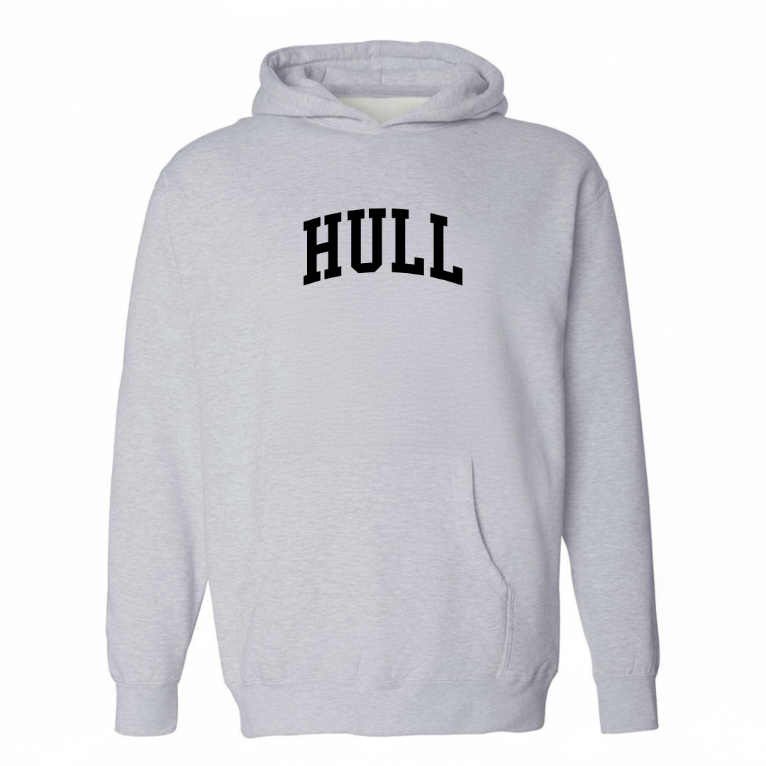 Heather-gray hoodie with the Hull arched varsity lettering design on the chest.