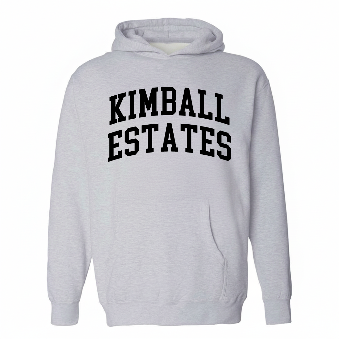 Heather-gray hoodie with the Kimball Estates varsity arched lettering design on the chest.