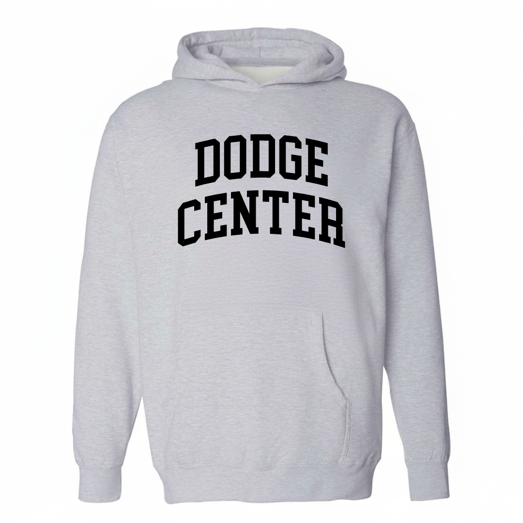 Heather-gray hoodie with the Dodge Center arched lettering design on the chest.