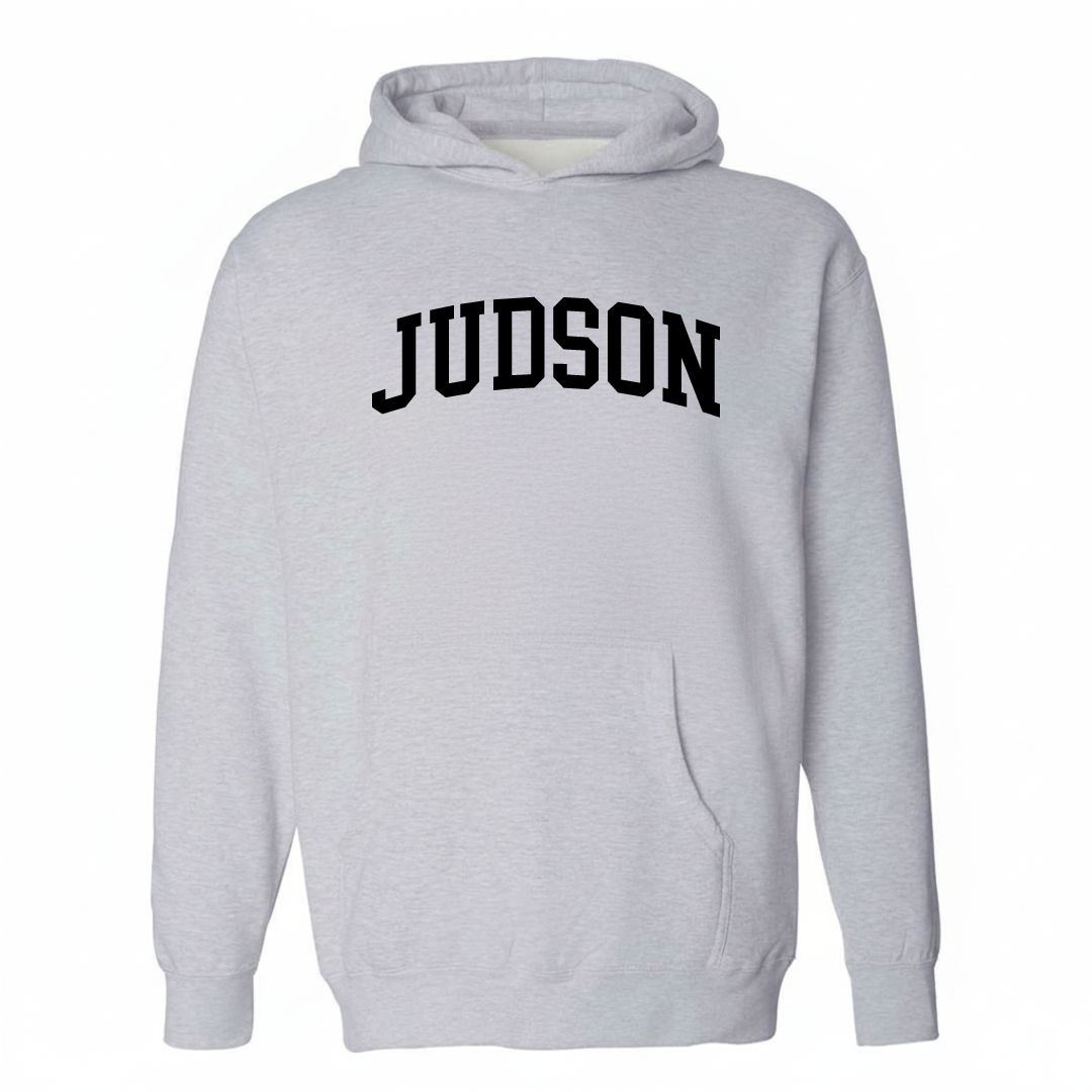 Heather-gray hoodie with the Judson arched lettering varsity-collegiate design on the chest.