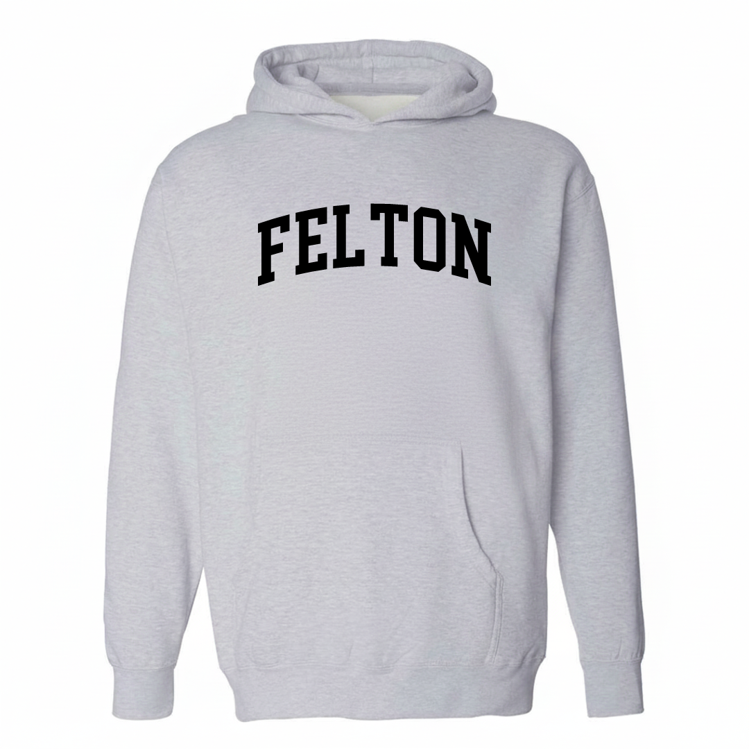 Heather-gray hoodie with the Felton arched lettering varsity-collegiate design on the chest.