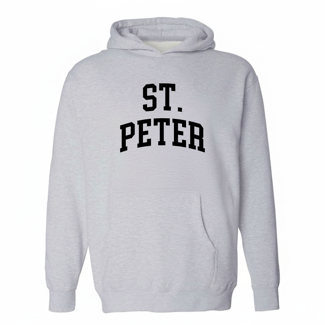 Heather-gray hoodie with the St. Peter varsity arched lettering design on the chest.