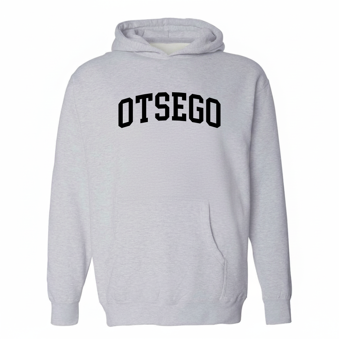 Heather-gray hoodie with the Otsego varsity arched lettering design on the chest.