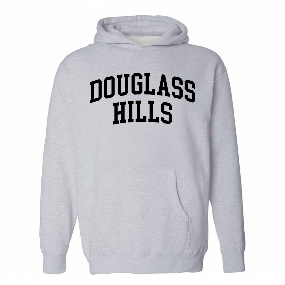 Heather-gray hoodie with the Douglass Hills varsity arched lettering design on the chest.