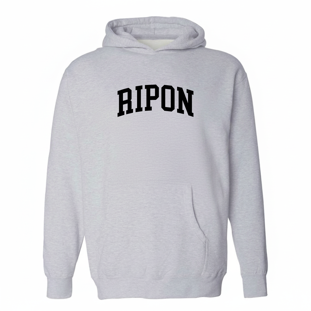 Heather-gray hoodie with the Ripon arched lettering varsity-collegiate design on the chest.