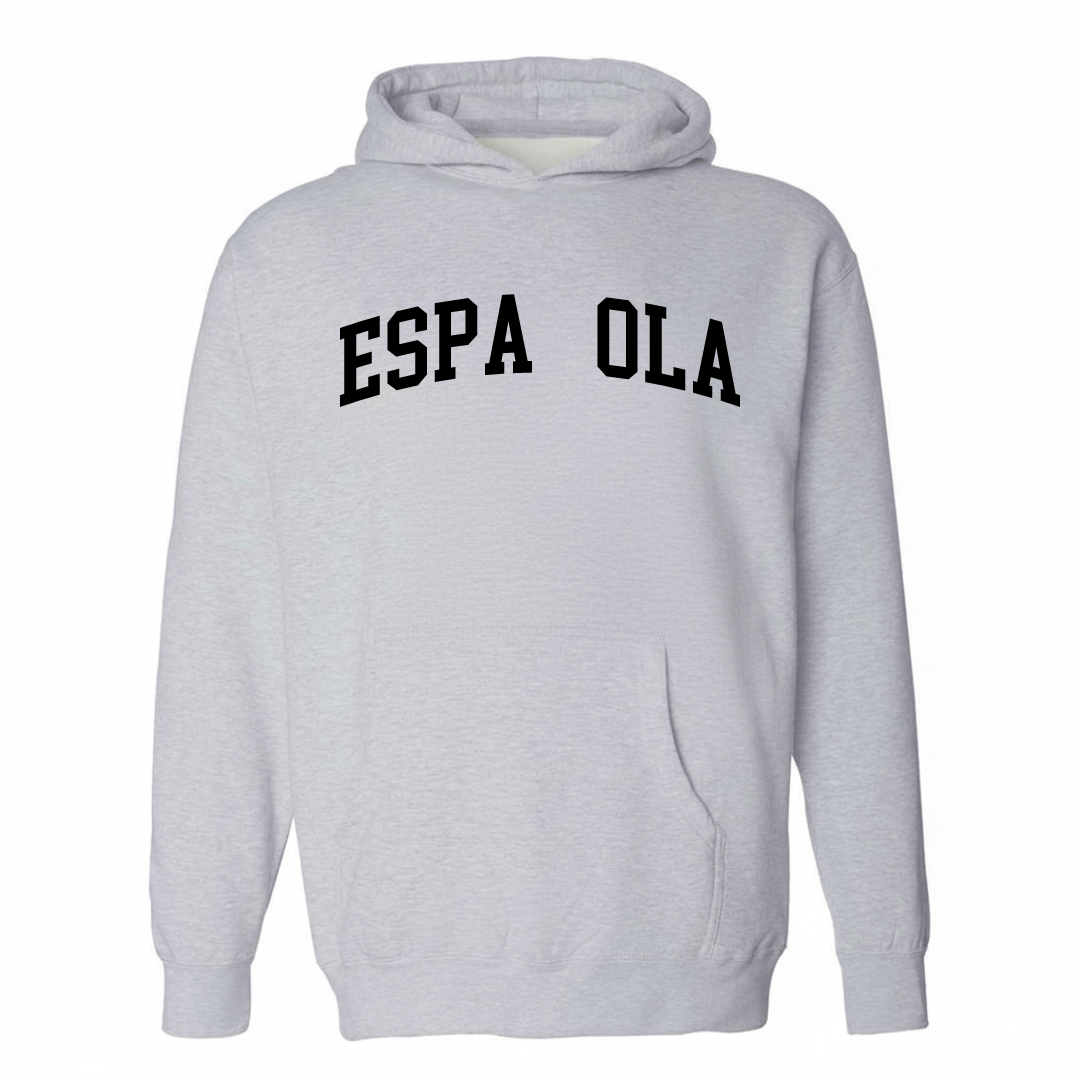 Heather-gray hoodie with the Española arched varsity lettering design on the chest.