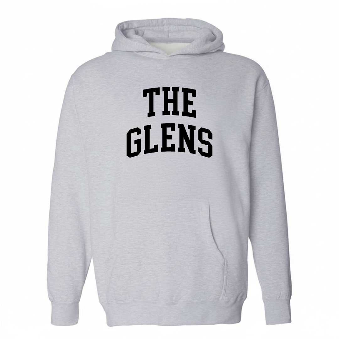 Heather-gray hoodie with The Glens varsity arched lettering design on the chest.