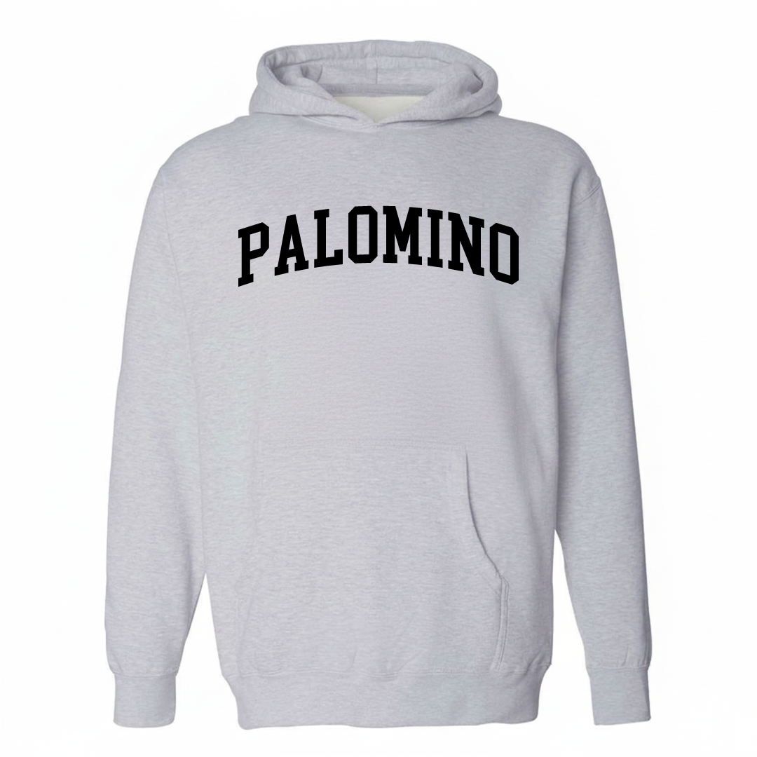 Heather-gray hoodie with the Palomino varsity arched lettering design on the chest.