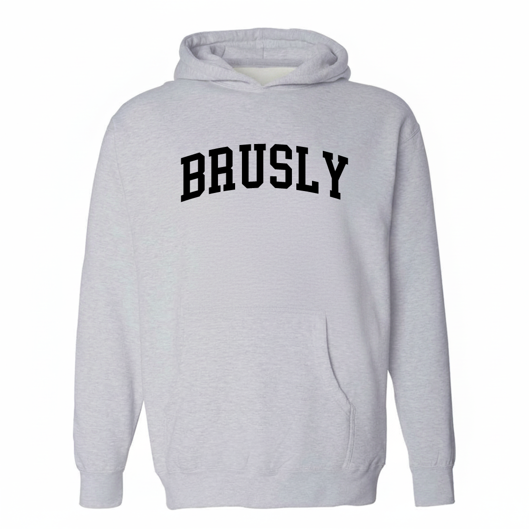 Heather-gray hoodie with the Brusly arched varsity lettering design on the chest.