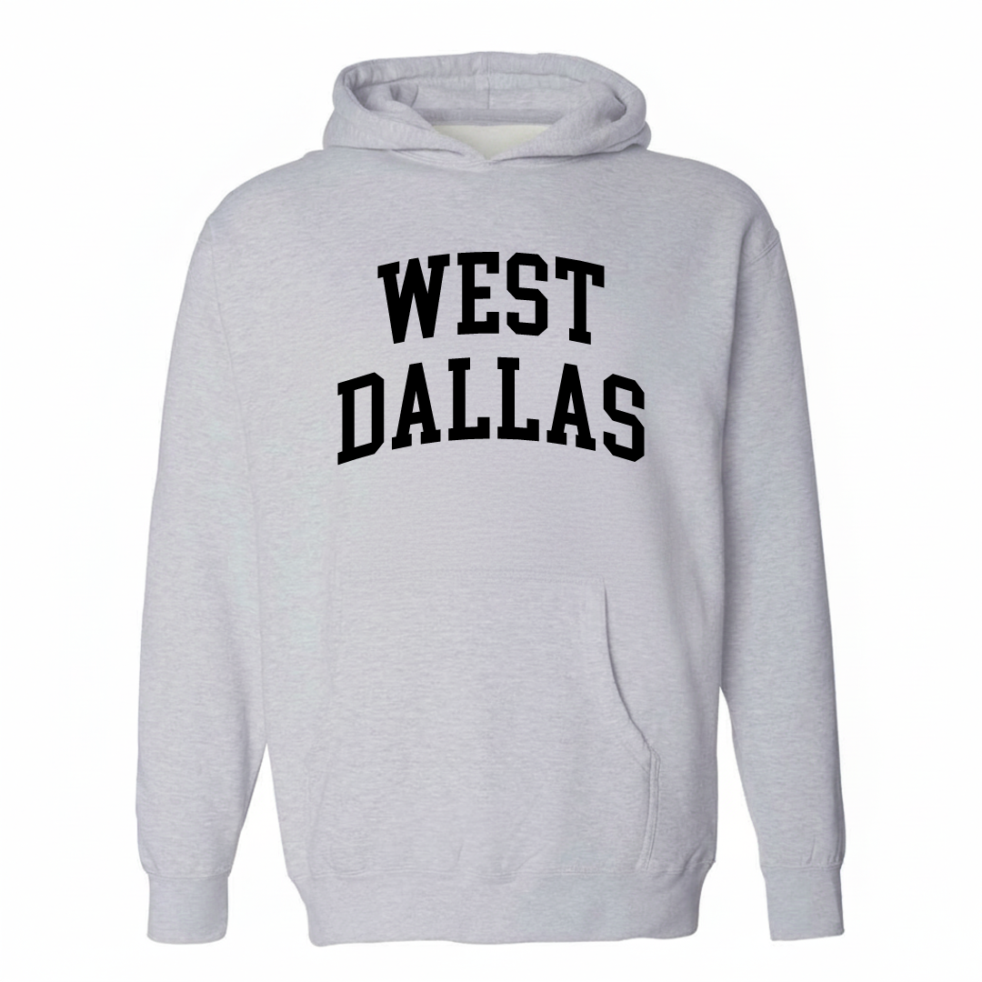 Heather-gray hoodie with the West Dallas arched lettering design on the chest.