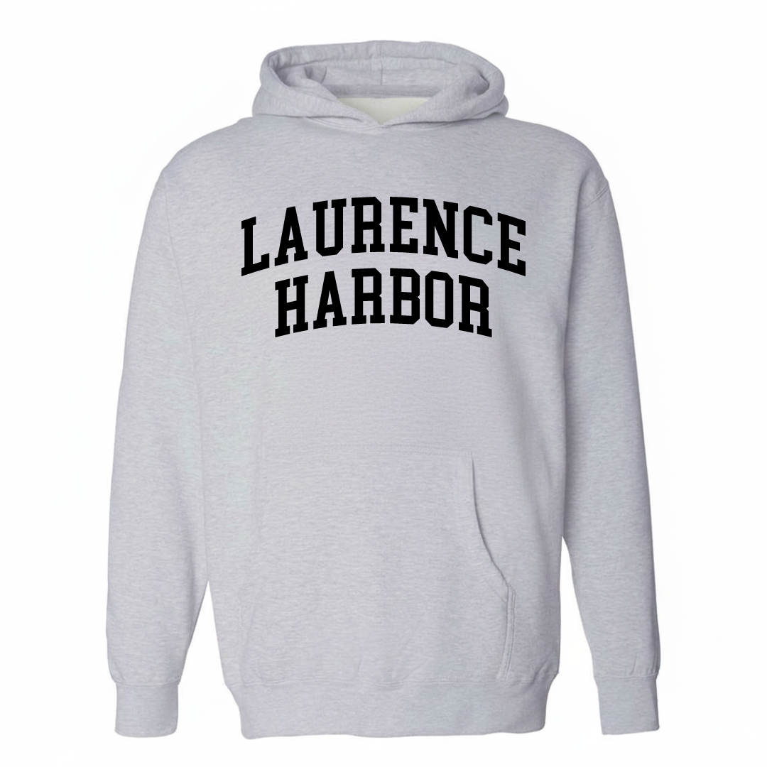 Heather-gray hoodie with the Laurence Harbor varsity arched lettering design on the chest.