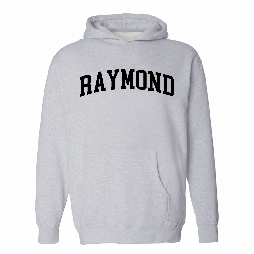 Heather-gray hoodie with the Raymond NH varsity arched lettering design on the chest.