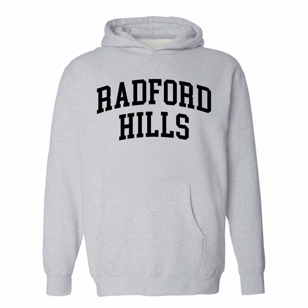 Heather-gray hoodie with the Radford Hills varsity arched lettering design on the chest.