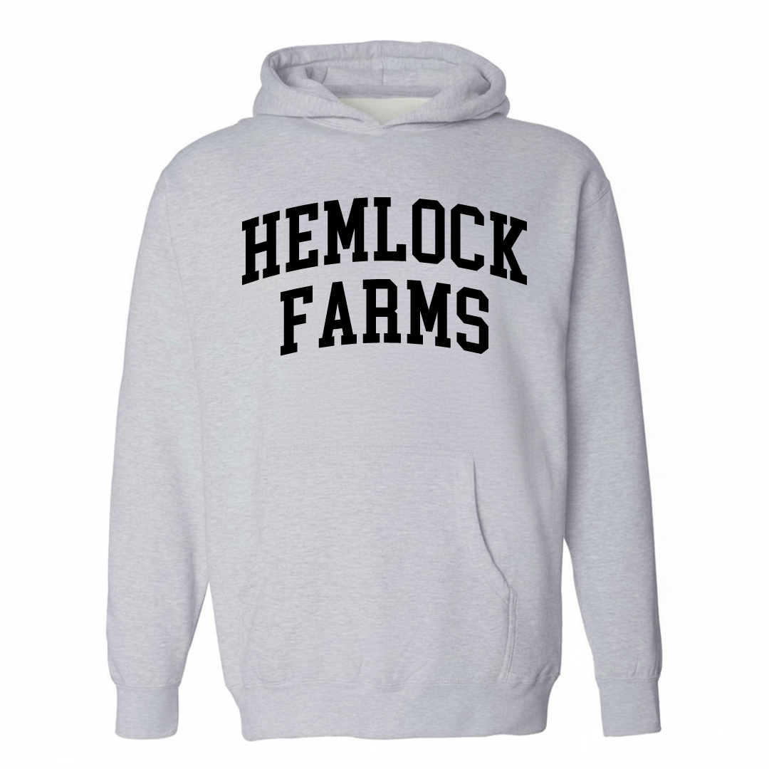 Heather-gray hoodie with the Hemlock Farms varsity arched lettering design on the chest.